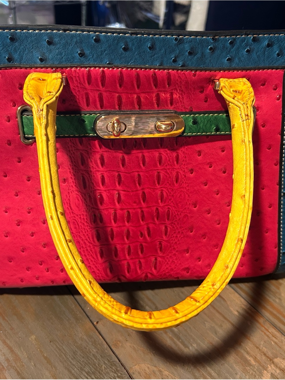 Colorblock vegan leather ostrich textured Bag in pink, Blue & Yellow and green